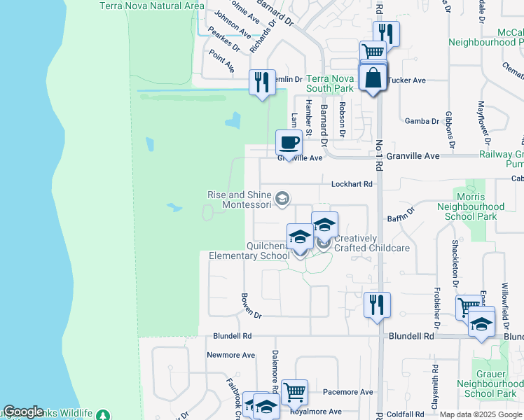 map of restaurants, bars, coffee shops, grocery stores, and more near 3340 Moresby Drive in Richmond