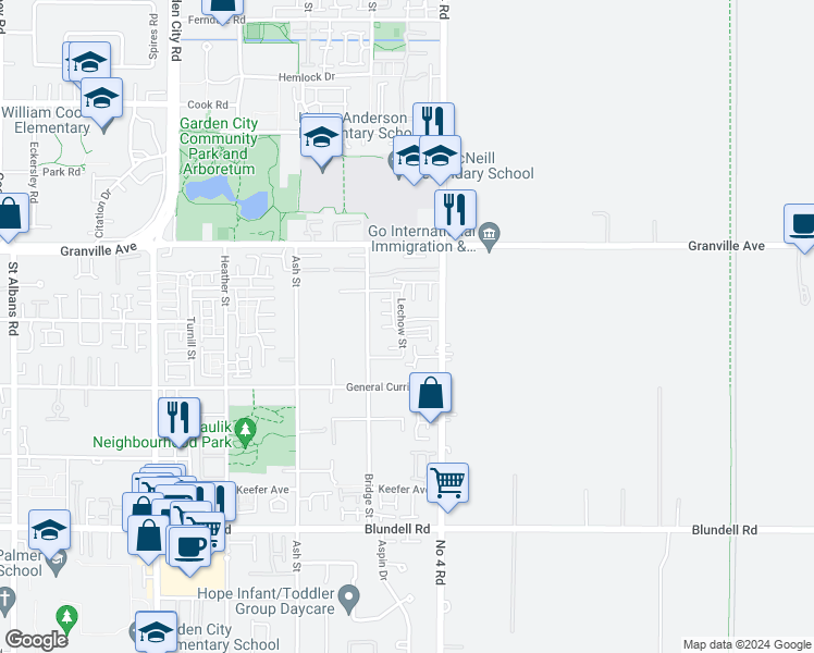 map of restaurants, bars, coffee shops, grocery stores, and more near 7180 Lechow Street in Richmond