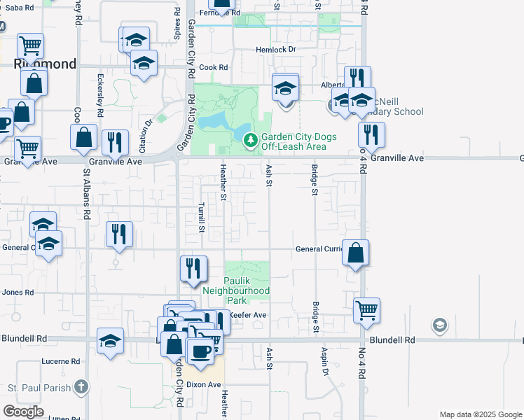 map of restaurants, bars, coffee shops, grocery stores, and more near 7251 Ash Street in Richmond