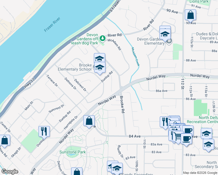 map of restaurants, bars, coffee shops, grocery stores, and more near 8631 Byron Road in Delta