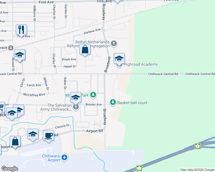 map of restaurants, bars, coffee shops, grocery stores, and more near 8742 Broadway in Chilliwack