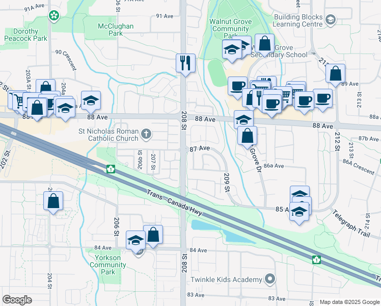 map of restaurants, bars, coffee shops, grocery stores, and more near 20820 87 Avenue in Langley Township