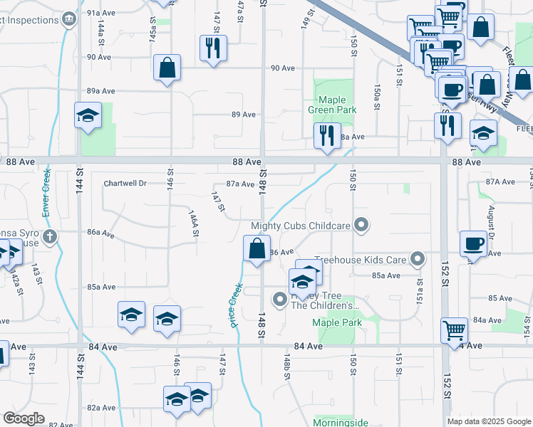 map of restaurants, bars, coffee shops, grocery stores, and more near 14812 87 Avenue in Surrey
