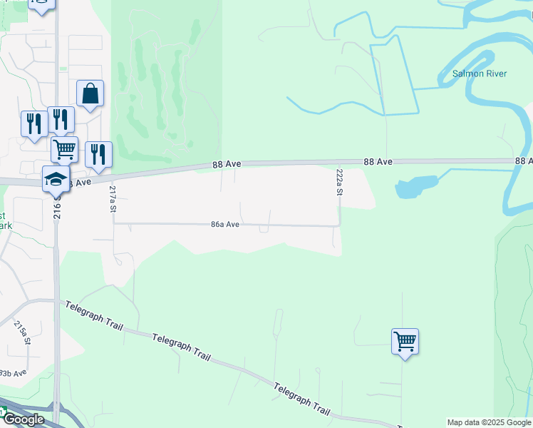 map of restaurants, bars, coffee shops, grocery stores, and more near 22085 86A Avenue in Langley City