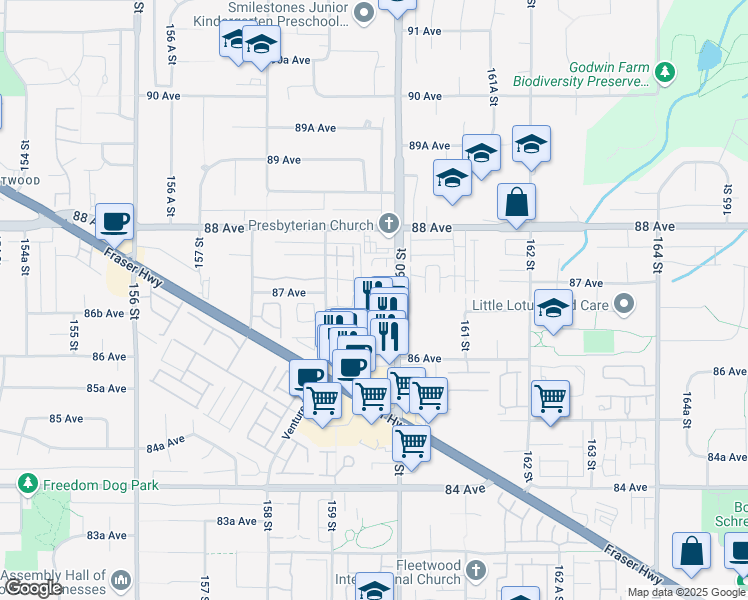 map of restaurants, bars, coffee shops, grocery stores, and more near 8695 160 Street in Surrey