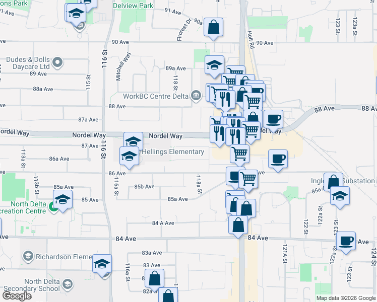 map of restaurants, bars, coffee shops, grocery stores, and more near 11836 87 Avenue in Delta