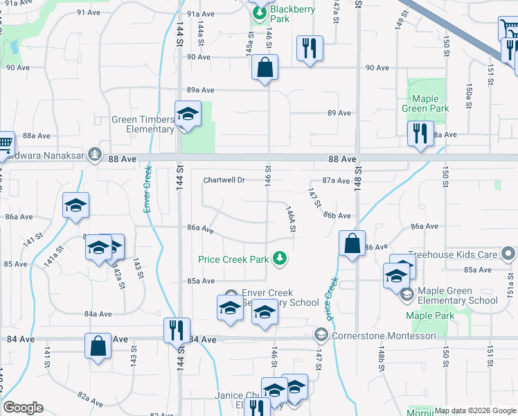 map of restaurants, bars, coffee shops, grocery stores, and more near 14574 Kingston Place in Surrey