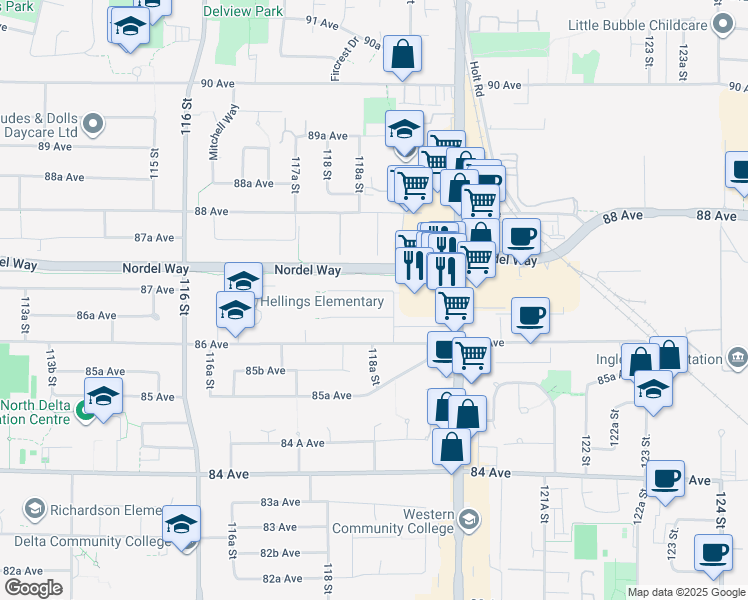 map of restaurants, bars, coffee shops, grocery stores, and more near 11872 87 Avenue in Delta