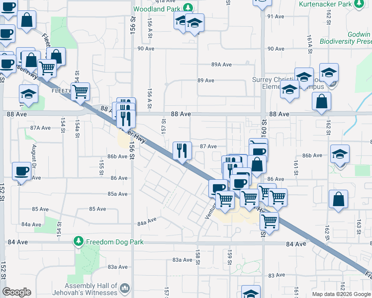 map of restaurants, bars, coffee shops, grocery stores, and more near 8699 158 Street in Surrey