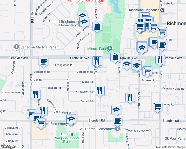 map of restaurants, bars, coffee shops, grocery stores, and more near 6780 Comstock Road in Richmond