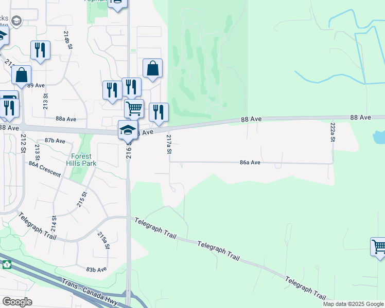 map of restaurants, bars, coffee shops, grocery stores, and more near 21795 86A Avenue in Langley Township
