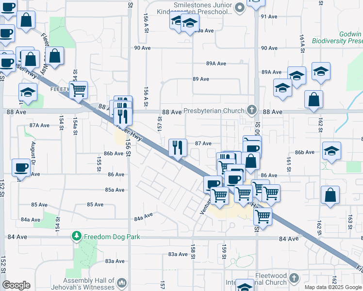map of restaurants, bars, coffee shops, grocery stores, and more near 8699 158 Street in Surrey