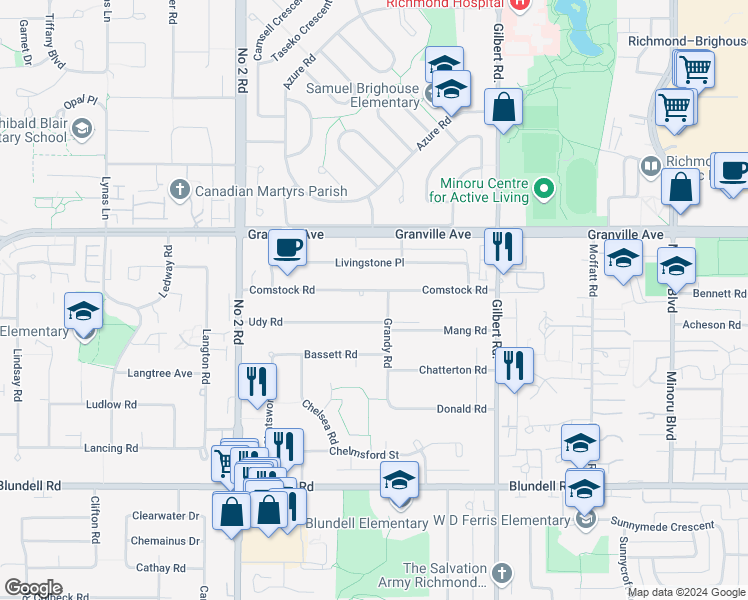 map of restaurants, bars, coffee shops, grocery stores, and more near 6440 Comstock Road in Richmond