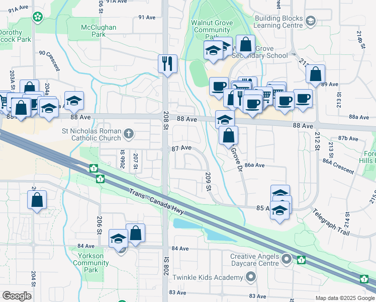 map of restaurants, bars, coffee shops, grocery stores, and more near 28 209 Street in Langley City