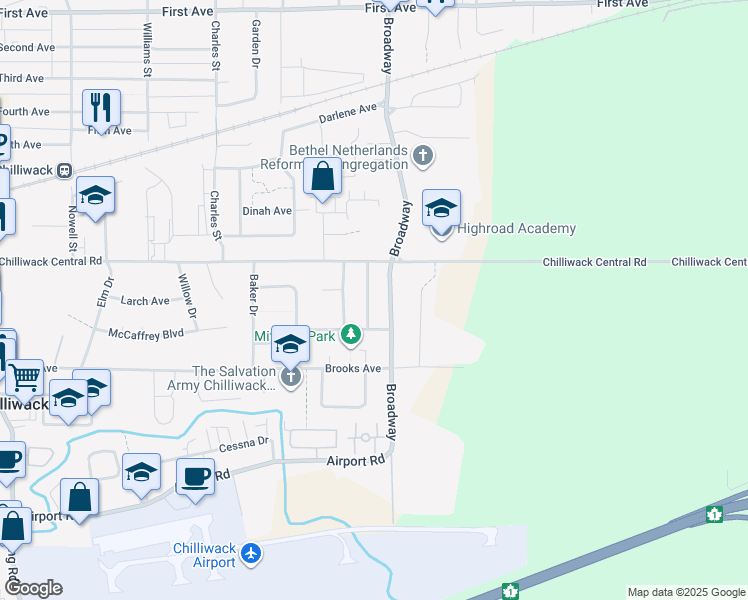 map of restaurants, bars, coffee shops, grocery stores, and more near 8750 Butchart Street in Chilliwack