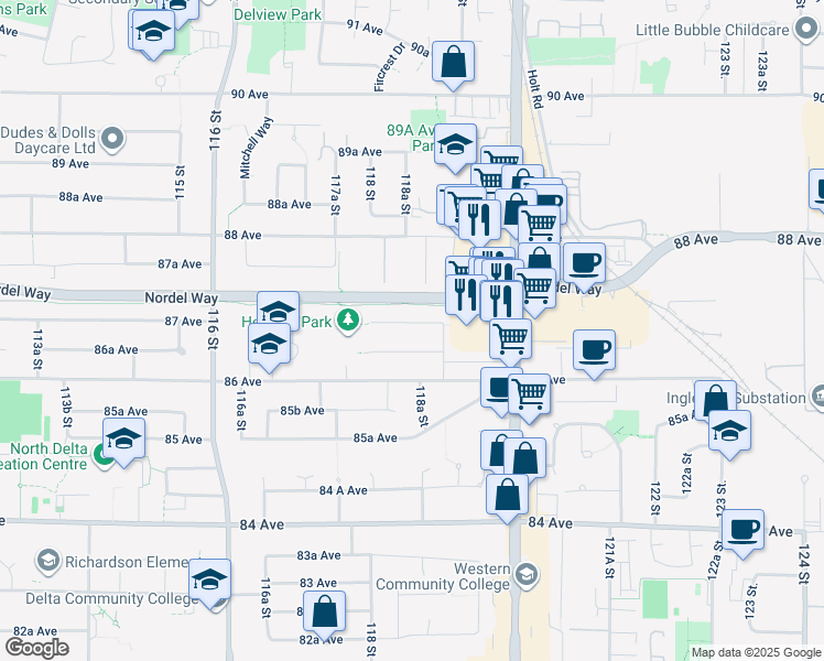 map of restaurants, bars, coffee shops, grocery stores, and more near 11854 87 Avenue in Delta
