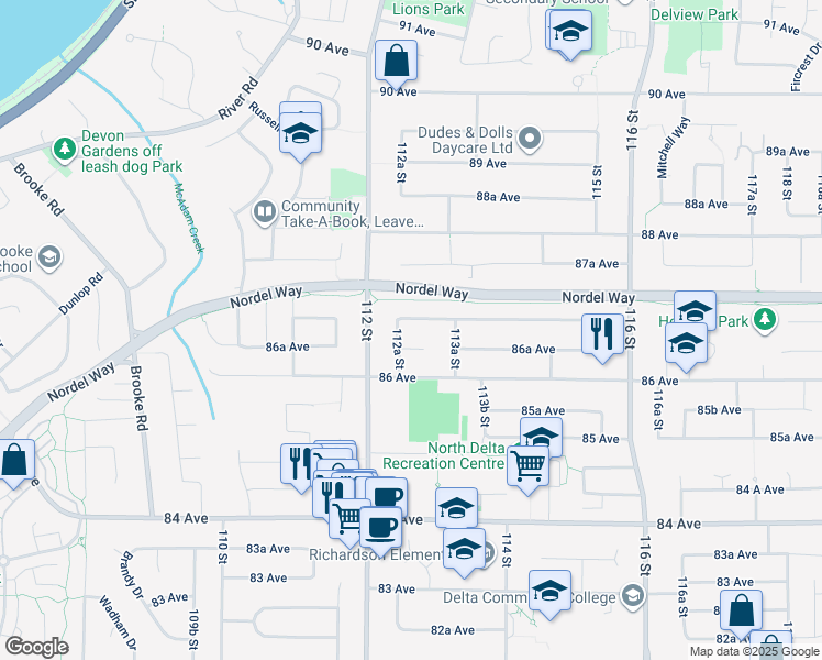 map of restaurants, bars, coffee shops, grocery stores, and more near 11254 87 Avenue in Delta