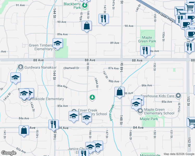 map of restaurants, bars, coffee shops, grocery stores, and more near 8676 146A Street in Surrey