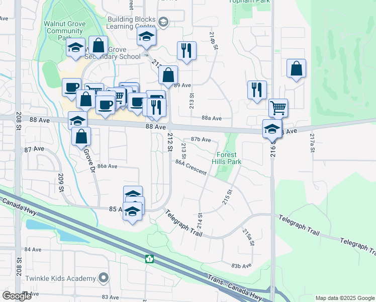 map of restaurants, bars, coffee shops, grocery stores, and more near 8728 213 Street in Langley Township