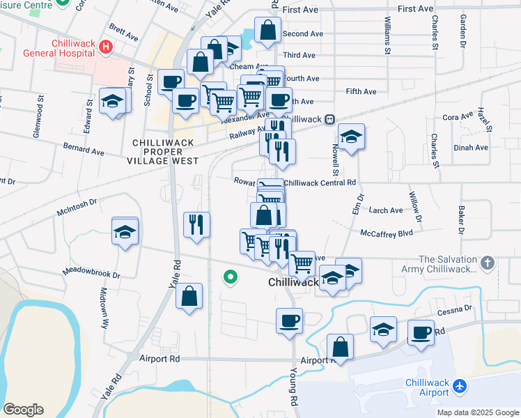 map of restaurants, bars, coffee shops, grocery stores, and more near 8750 Young Road in Chilliwack