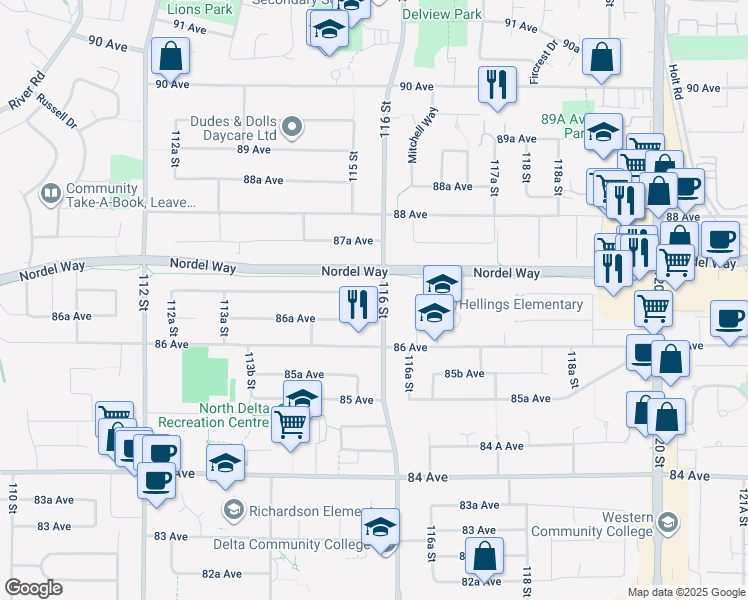 map of restaurants, bars, coffee shops, grocery stores, and more near 8675 116 Street in Delta