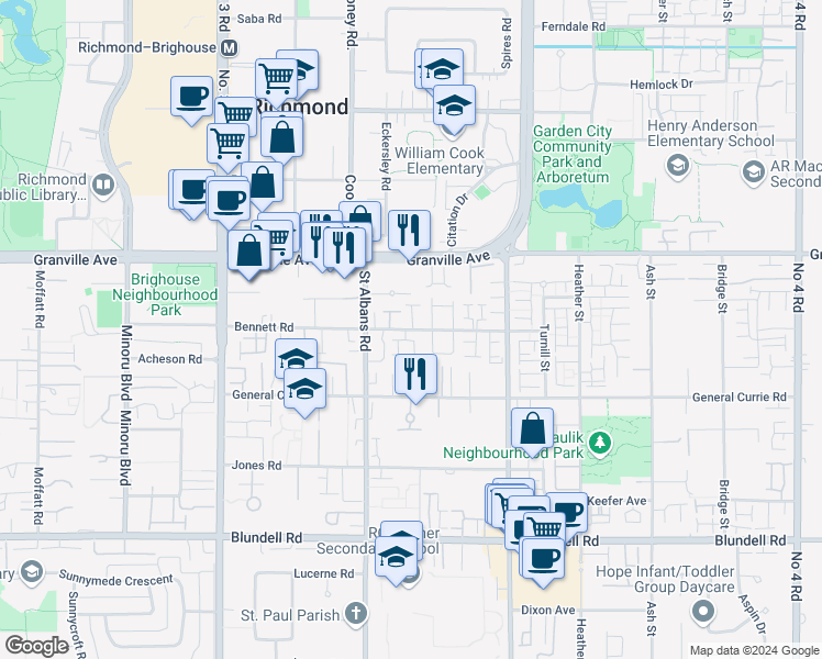 map of restaurants, bars, coffee shops, grocery stores, and more near 8 Bennett Road in Richmond
