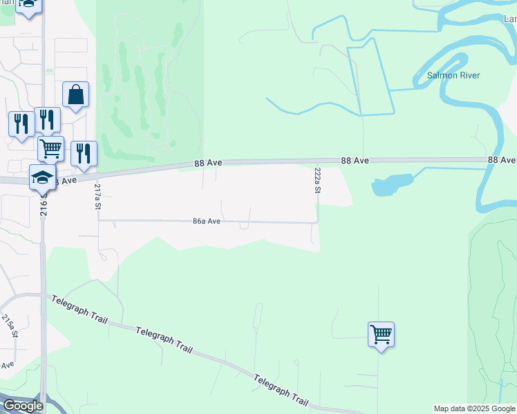 map of restaurants, bars, coffee shops, grocery stores, and more near 22141 86A Avenue in Langley Township