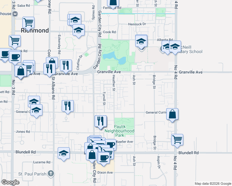 map of restaurants, bars, coffee shops, grocery stores, and more near 7288 Heather Street in Richmond