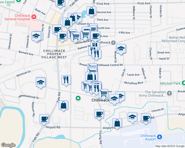 map of restaurants, bars, coffee shops, grocery stores, and more near 8750 Young Road in Chilliwack
