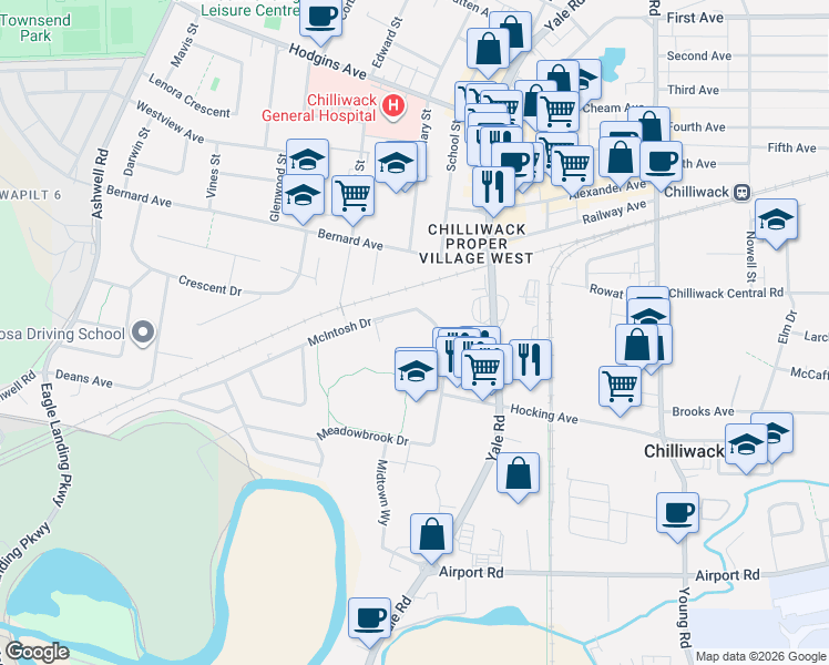 map of restaurants, bars, coffee shops, grocery stores, and more near 45598 McIntosh Drive in Chilliwack