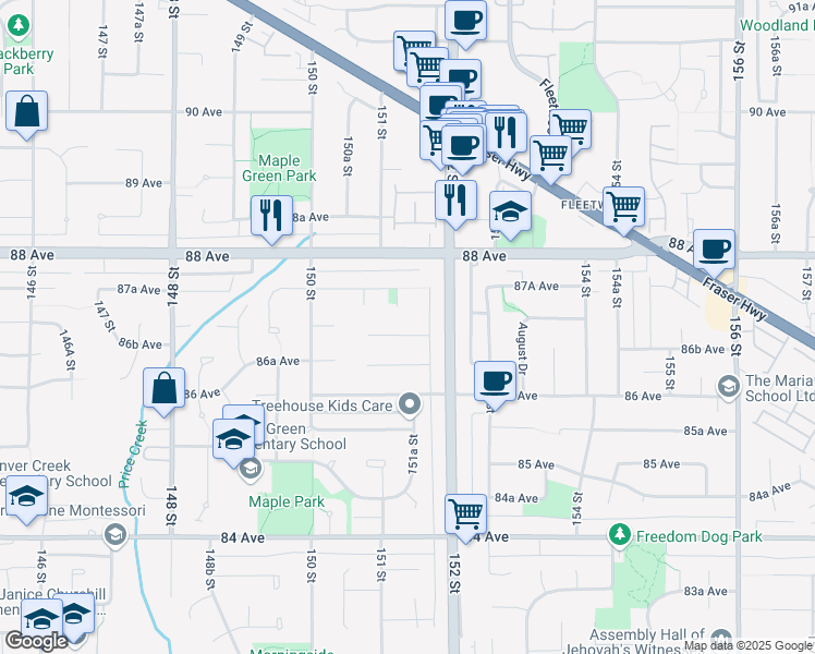 map of restaurants, bars, coffee shops, grocery stores, and more near 15135 86B Avenue in Surrey