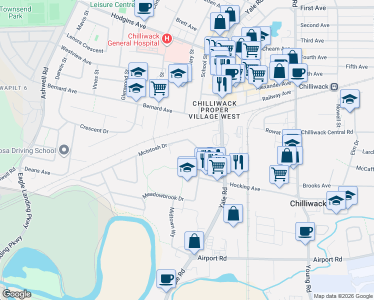 map of restaurants, bars, coffee shops, grocery stores, and more near 45598 McIntosh Drive in Chilliwack