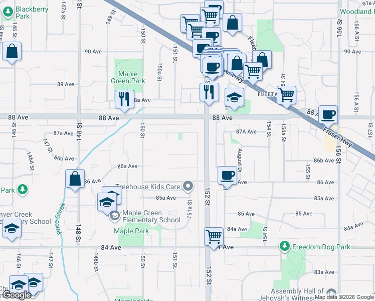 map of restaurants, bars, coffee shops, grocery stores, and more near 15135 86B Avenue in Surrey