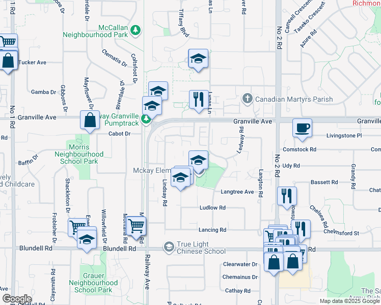 map of restaurants, bars, coffee shops, grocery stores, and more near 7200 Lindsay Road in Richmond