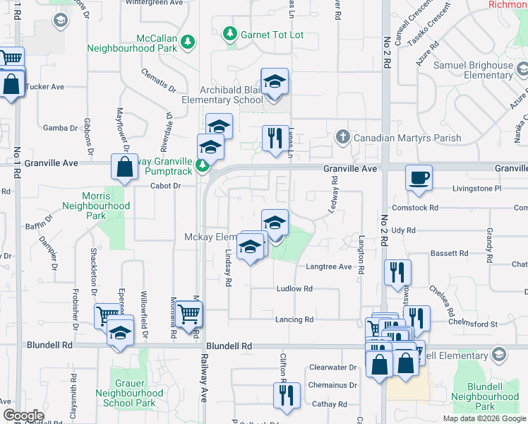 map of restaurants, bars, coffee shops, grocery stores, and more near 7200 Lindsay Road in Richmond