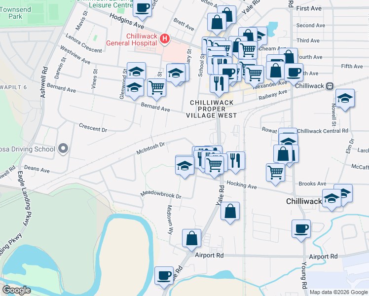 map of restaurants, bars, coffee shops, grocery stores, and more near 45598 McIntosh Drive in Chilliwack