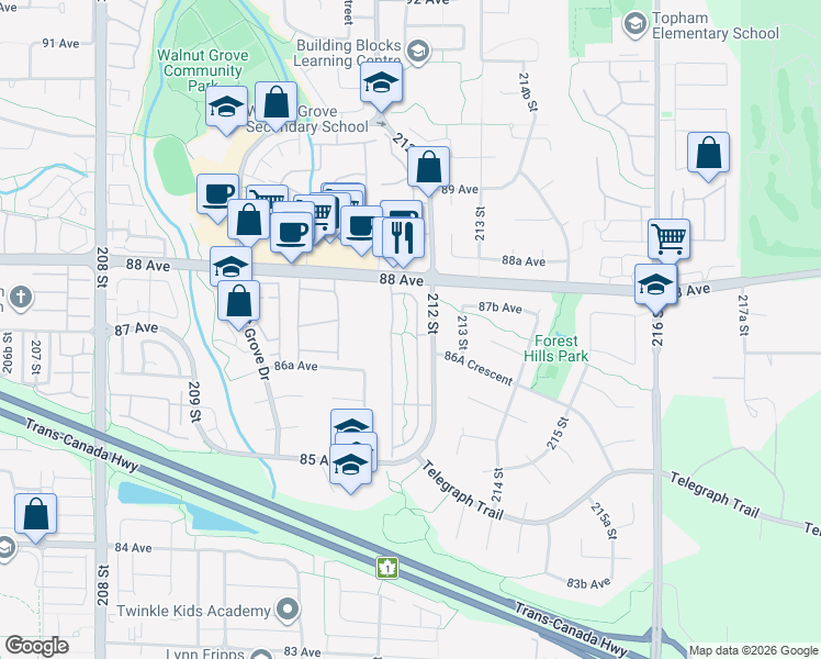 map of restaurants, bars, coffee shops, grocery stores, and more near 8737 212 Street in Langley Township