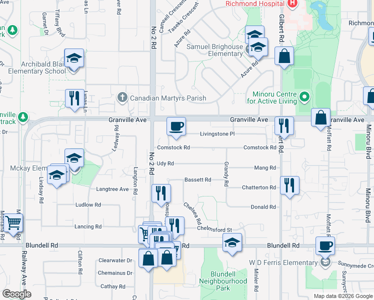 map of restaurants, bars, coffee shops, grocery stores, and more near 6228 Comstock Road in Richmond