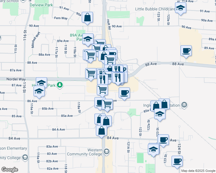 map of restaurants, bars, coffee shops, grocery stores, and more near 12080 Nordel Way in Surrey