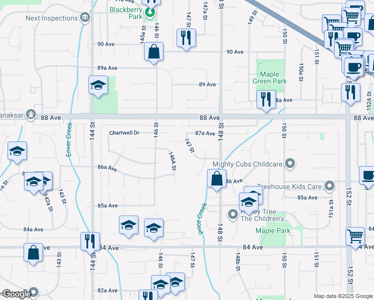 map of restaurants, bars, coffee shops, grocery stores, and more near 8707 147 Street in Surrey