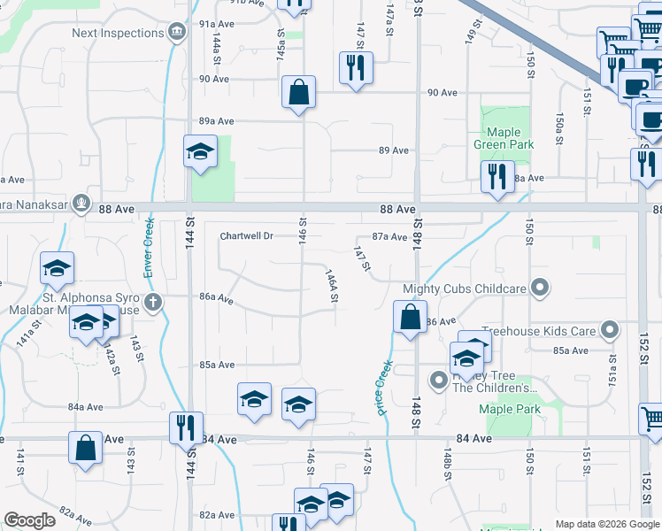 map of restaurants, bars, coffee shops, grocery stores, and more near 8684 146A Street in Surrey