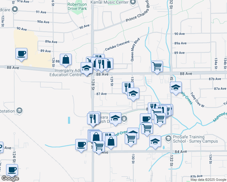 map of restaurants, bars, coffee shops, grocery stores, and more near 8710 129 Street in Surrey