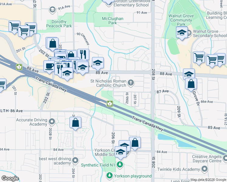 map of restaurants, bars, coffee shops, grocery stores, and more near 8780 206 St in Langley