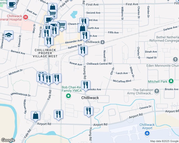 map of restaurants, bars, coffee shops, grocery stores, and more near 8750 Young Road in Chilliwack