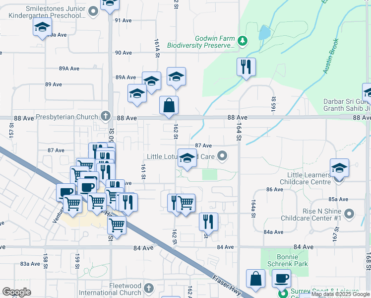 map of restaurants, bars, coffee shops, grocery stores, and more near 16240 87 Avenue in Surrey