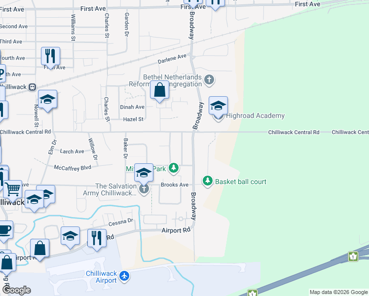 map of restaurants, bars, coffee shops, grocery stores, and more near 8762 Butchart Street in Chilliwack