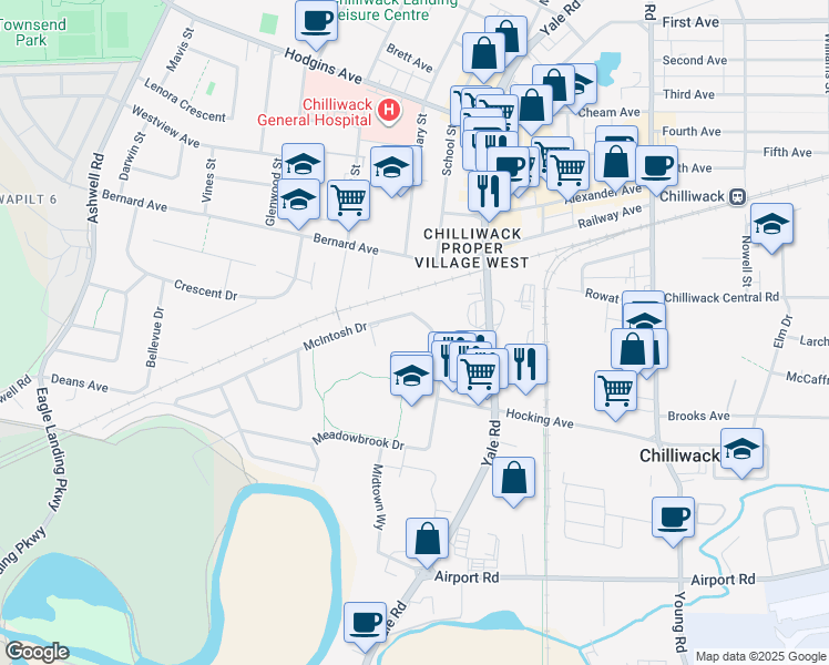 map of restaurants, bars, coffee shops, grocery stores, and more near 45598 McIntosh Drive in Chilliwack