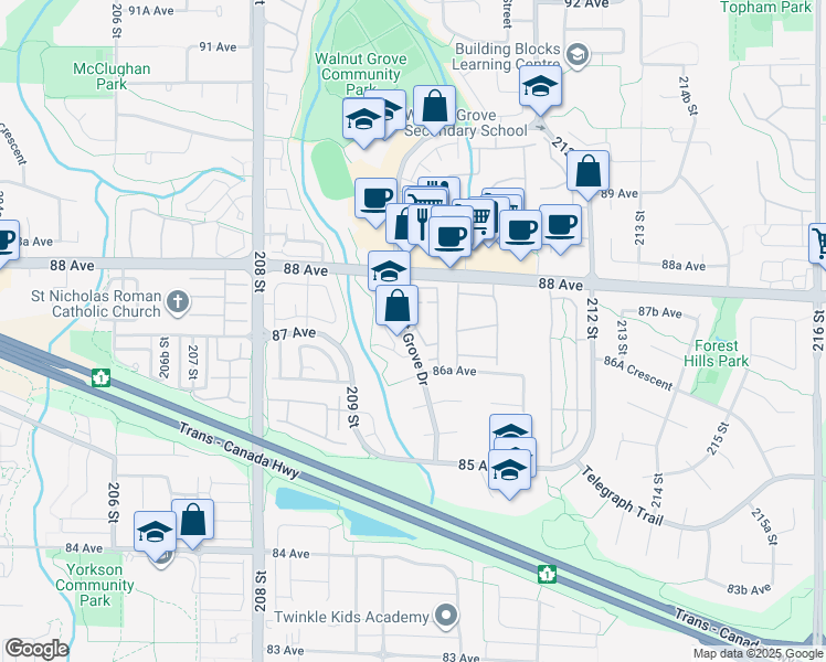 map of restaurants, bars, coffee shops, grocery stores, and more near 90-8716 Walnut Grove Drive in Langley City