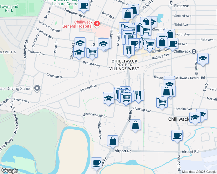 map of restaurants, bars, coffee shops, grocery stores, and more near 45598 McIntosh Drive in Chilliwack