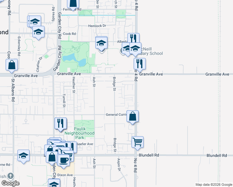map of restaurants, bars, coffee shops, grocery stores, and more near 7128 Bridge Street in Richmond